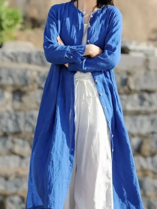 

Весна 2026: Новая женская льняная рубашка-жакет свободного кроя с круглым вырезом на одной пуговице, удлиненная, больших размеров, для повседневной носки и офиса