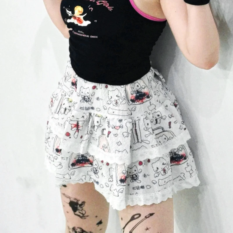 Cartoon Printed Cake Dress Female Summer Bow Lace Patchwork A Line Layered Lace Short Skirt White Women\'s Lolita Japanese Skirts