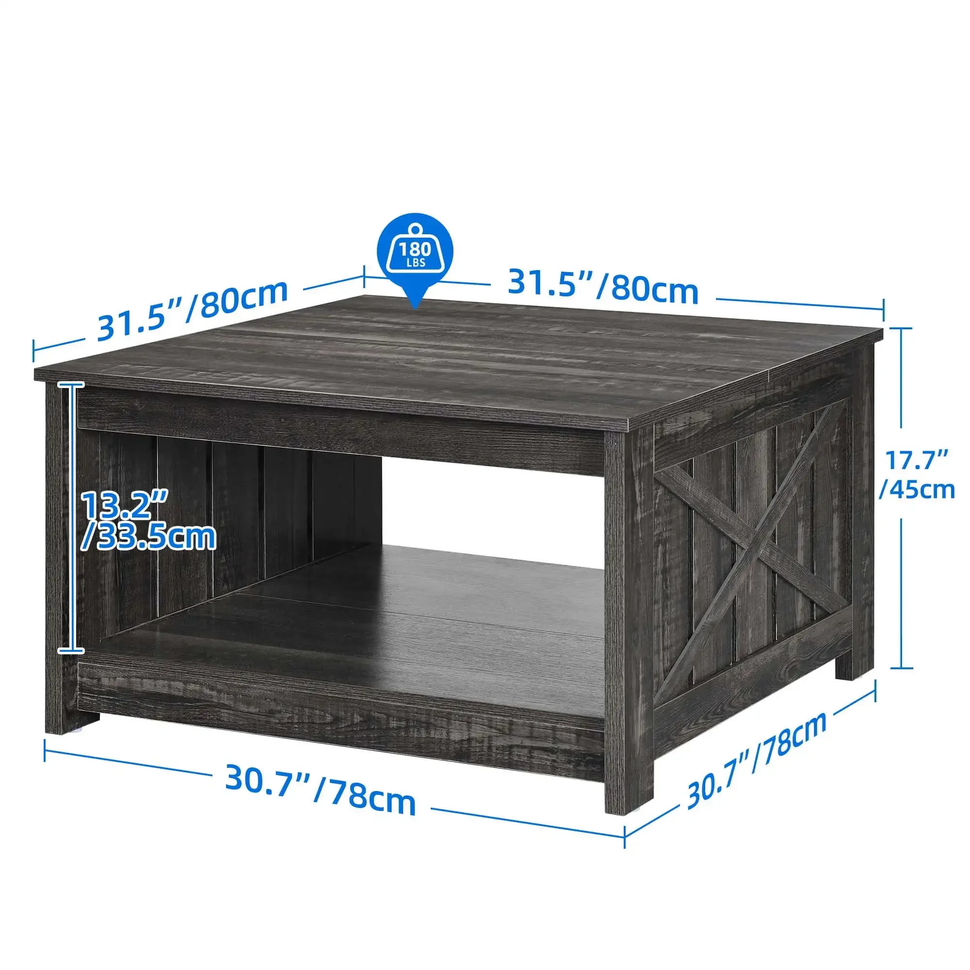 Mesa de centro quadrada, mesa de centro de fazenda com compartimento de armazenamento meio aberto, cinza rústico