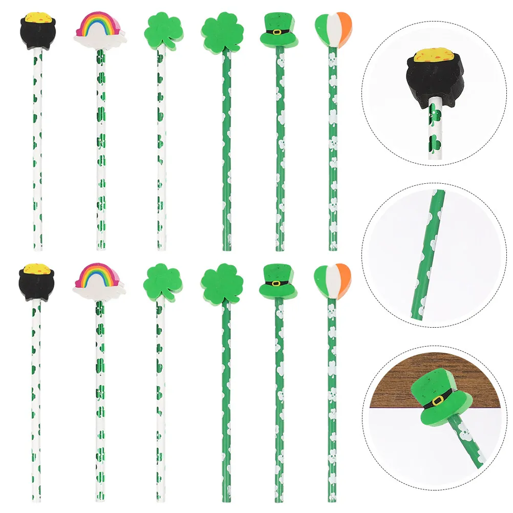 

24 шт. деревянных карандашей с мультяшным дизайном, декоративные карандаши ко Дню Святого Патрика с ластиками, принадлежности для рисования для школы и офиса