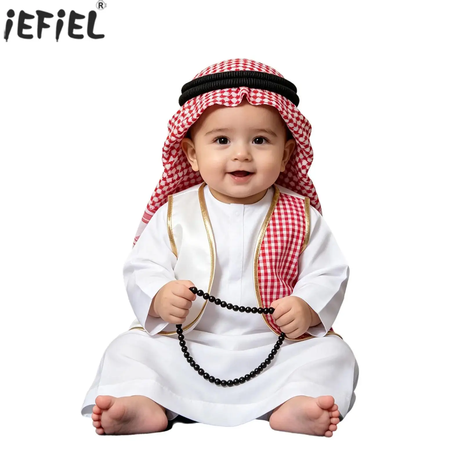 Toddler Baby Boys Vest Muslim Eid Costume Middle East Arab Islamic Ramadan Abaya Kaftan Open Front Metallic Trim Plaid Waistcoat