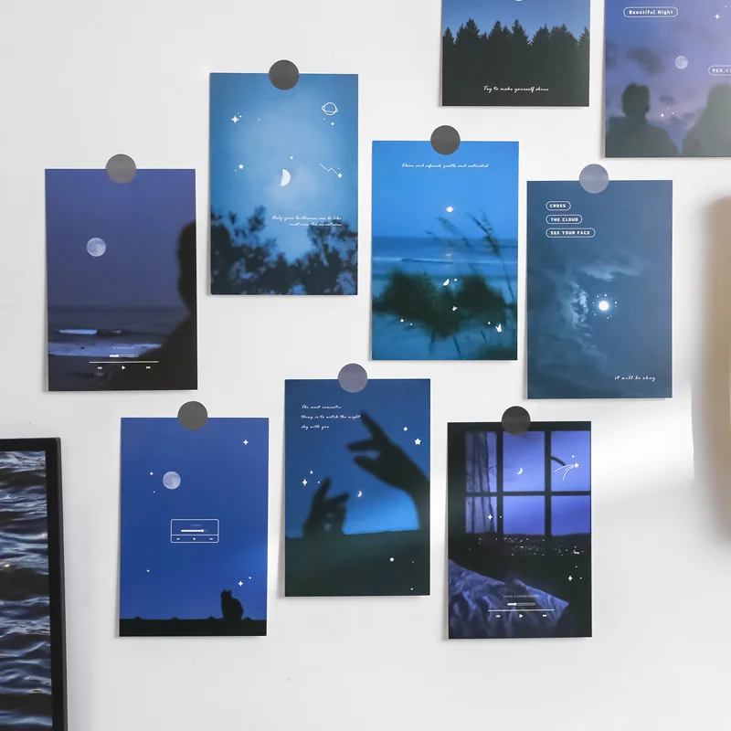 Ins Night View Starry Sky Moon tarjetas postales artísticas, tarjeta decorativa ambiental, pegatinas de pared de fondo Diy, accesorios para fotos,