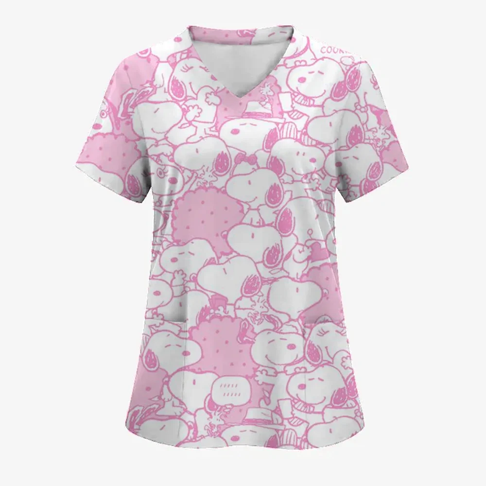 

Snoopy Medical Uniform Woman Pink Snoopy 3D Print Summer Casual V-Neck with Pockets Nurse Fashion Short Sleeve Scrubs Woman