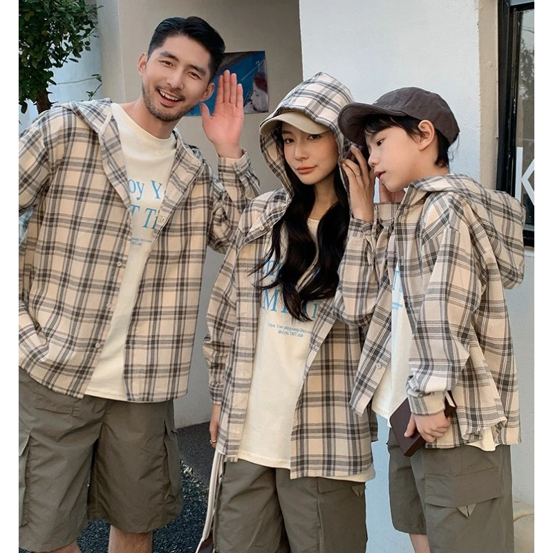 2026 New Spring Summer Korean Plaid Hooded Cardigan Mom Daughter Family Matching Lazy Style Casual Streetwear for 3 People
