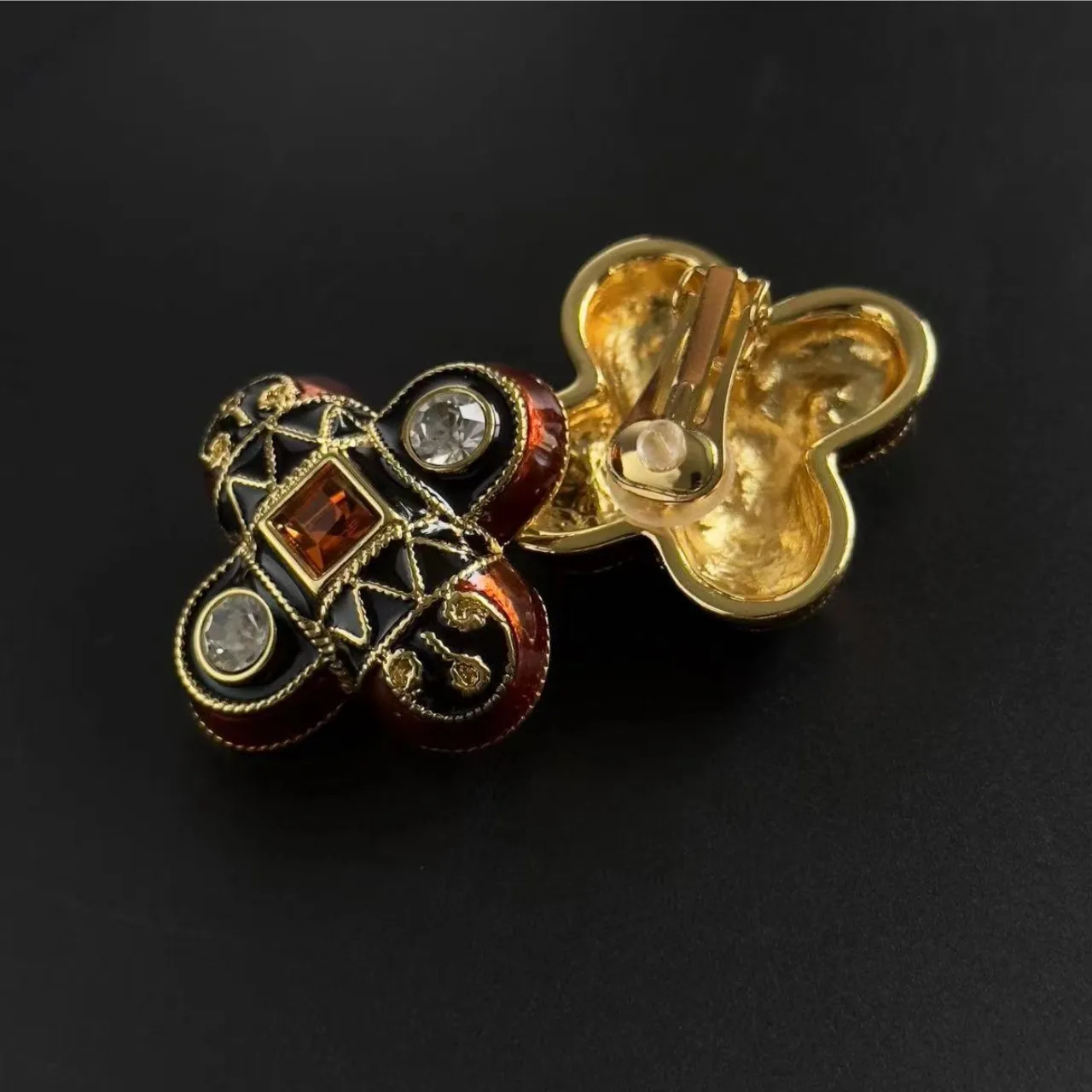 Fashion Vintage Hand-Painted Colorful Enamel Cross Flower Earrings with Sparkling Rhinestones, Stud and Clip-On Optional