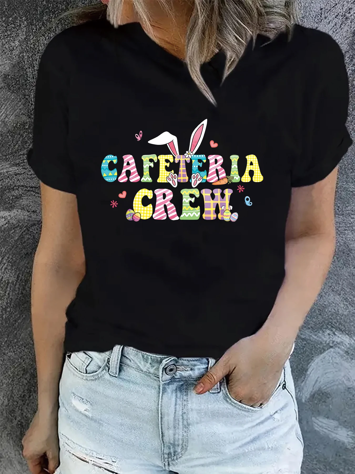 

2024 CARETERIA CREW rabbit Graphic Funny T-Shirt Women Summer Fashion Harajuku Casual Round Neck Short sleeve Easter top tee