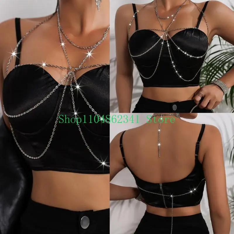 

Women's Layered Metal Chain Body Jewelry Bra Chest Chain Halterneck Backless Crop Top Necklace for Nightclub Raves Party