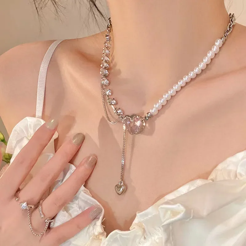 Pink Love Necklace Simulate Pearl Beads Pendant Chain Choker Light Luxury Clavicle Chain Korean Fashion Bridal Jewelry