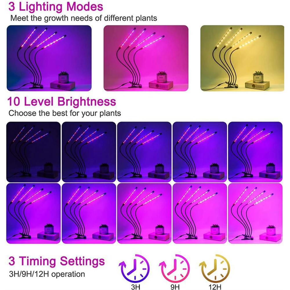 FTOYIN Led Grow Light With Clips Full Spectrum Upgraded Plant Light With 3/9/12H Timer 10 Dimmable Level For Indoor Plants