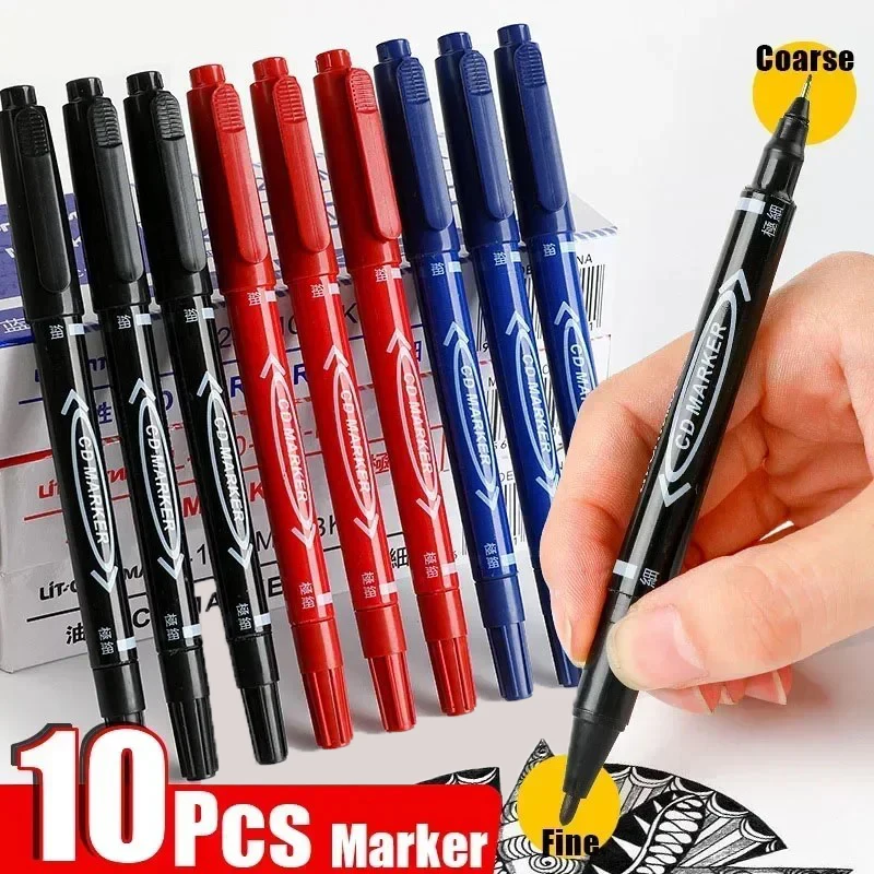 

10Pcs Twin Tip Permanent Marker Black/Blue/Red Waterproof Oil Marker Pen Fine Nid Marker Ink School Stationery Office Supplies