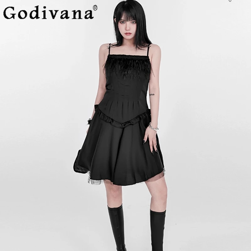 

Elegant Girl Feather Splicing Square Neck Ruffles Korean Suspender Dress Summer New High Waist Black Slim Fairy Ballet Dresses