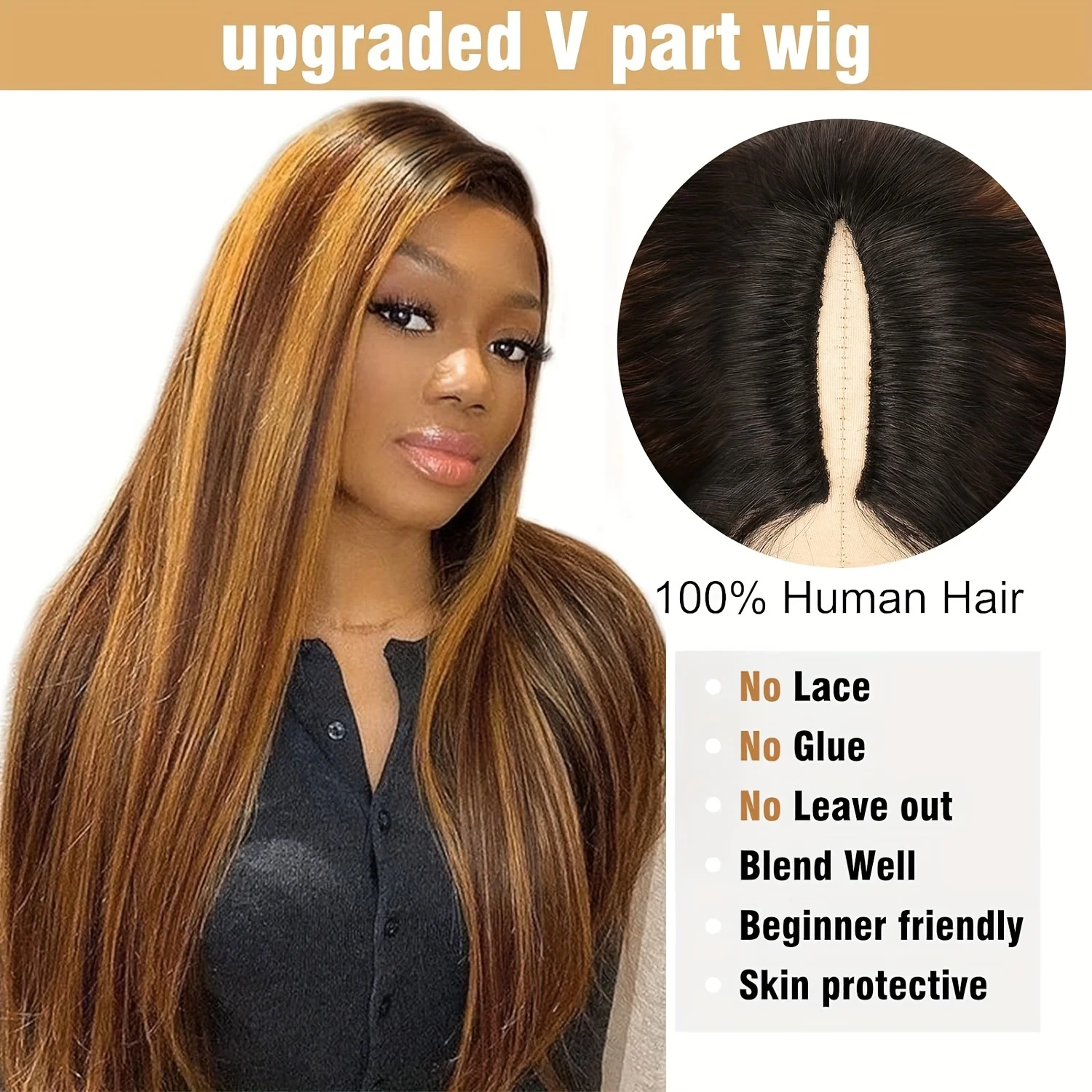 Glueless Wear Go Highlight V Part Straight Human Hair Wig Honey Blonde 4/27 Colored Wig No Leave Out No Glue Needed V Shape Mach