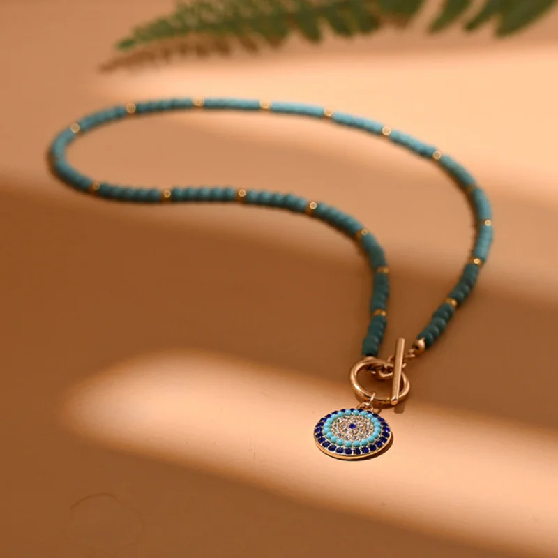 Colorful Stone Bead Choker Necklace for Women Stainless Steel Chain Fashion  Evil Charm  Daily Jewellery Accessories Gift