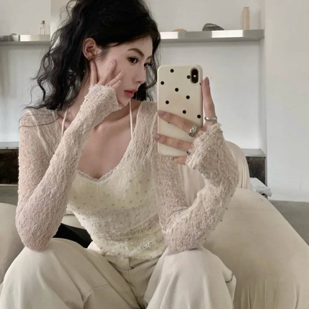 Damen-T-Shirts, Allgleiches, durchsichtig, sexy, langärmelig, V-Ausschnitt, Spitze, schlankmachend, amerikanischer Stil, auffällig, atmungsaktiv, würzige Mädchen, Y2k-Chic