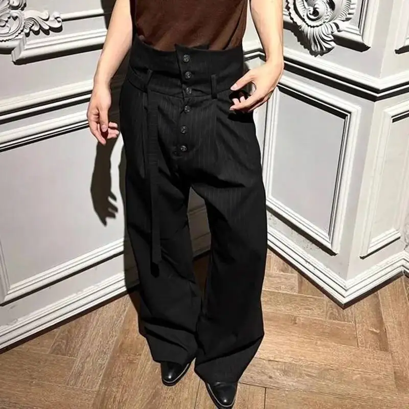 Trend Men Suit Pants Pleated Embroidered Straight-Leg Slightly Flared High-Waisted Striped Ribbon Trousers FDR5