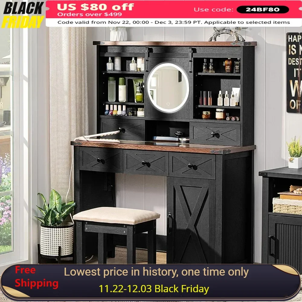 

Vanity Makeup Set Sliding Mirror and Lights 42'' Vanity Makeup Charger Station Dressers 5 Drawers