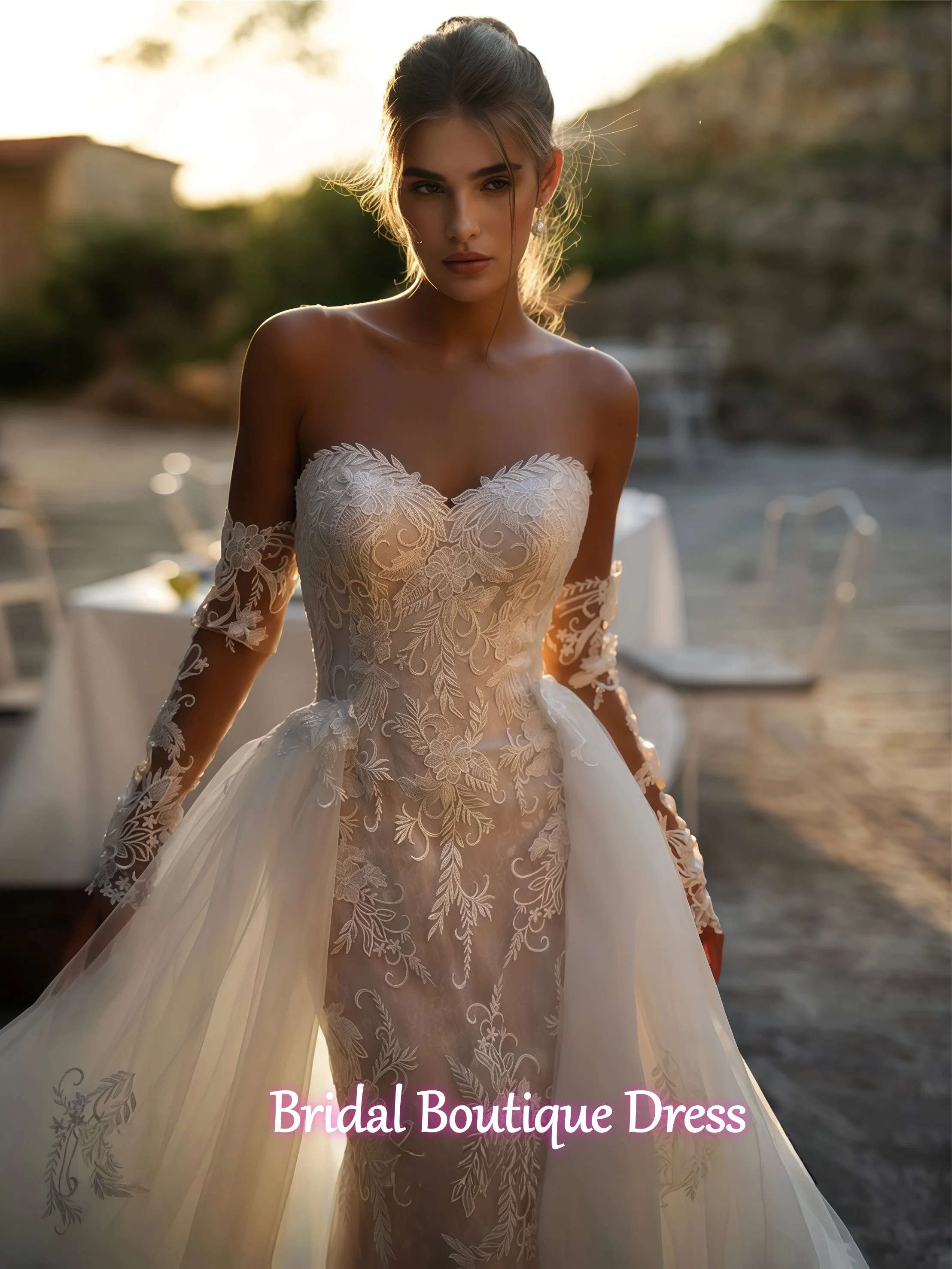 Vestido De novia exquisito personalizado De encaje, Vestido De novia Sexy De sirena, escote en forma De corazón, mangas completas, apliques De tren De barrido, Vestido De novia