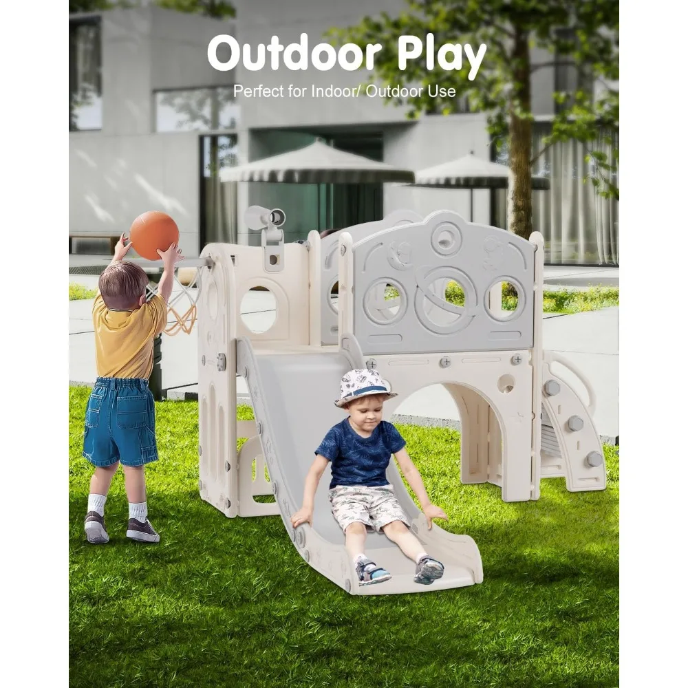 Tobogán todo en uno para niños pequeños con características de baloncesto, telescopio y escalada para juegos en interiores