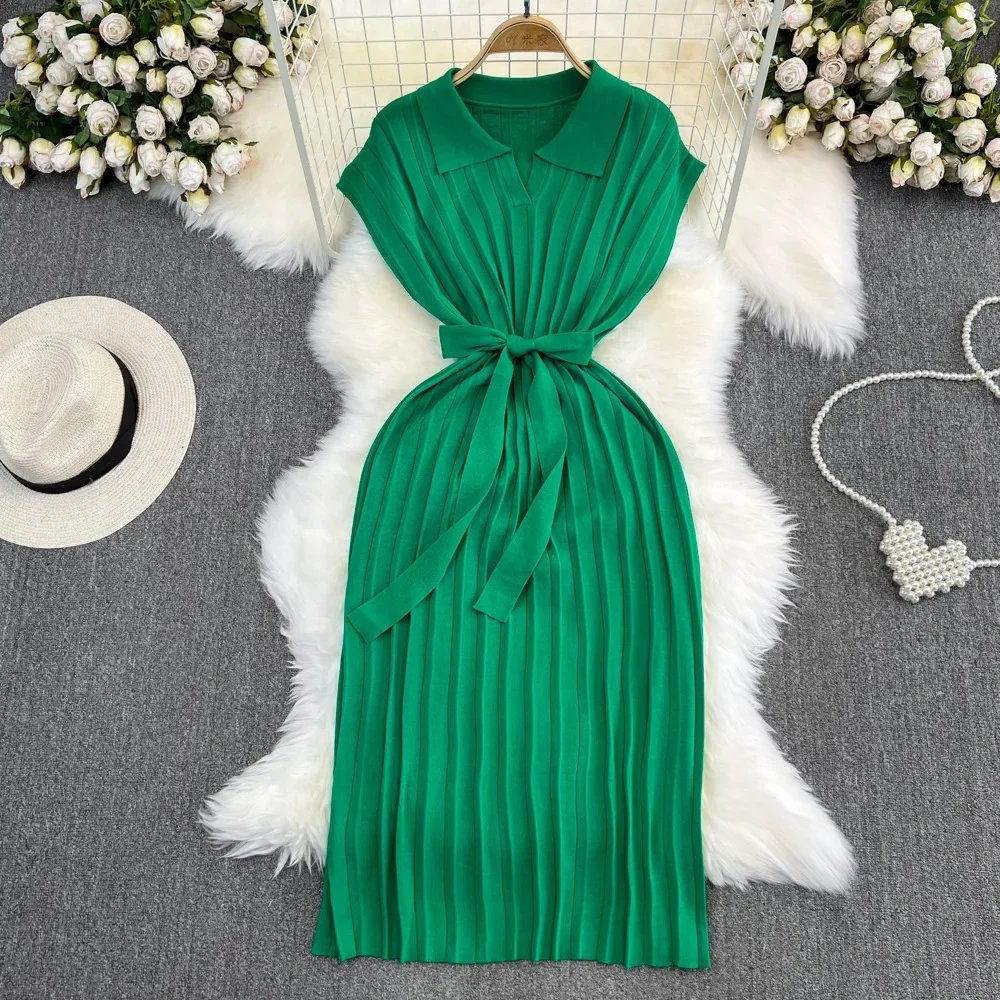 Dress Women Lace Up Dresses Knitted High Waist Polo Neck Slim Bodycon Short Sleeve Vintage Vestidos Elegant Bow White Y2k Summer