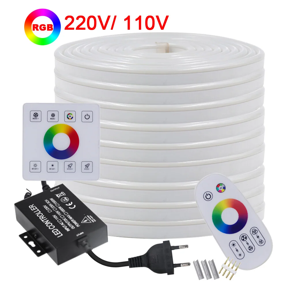 LED RGB Neon Strip Rope Light Wall Touch Switch 220V 110V 24key Remote control Power Kit Flexible Silicone Lamp Waterproof Decor