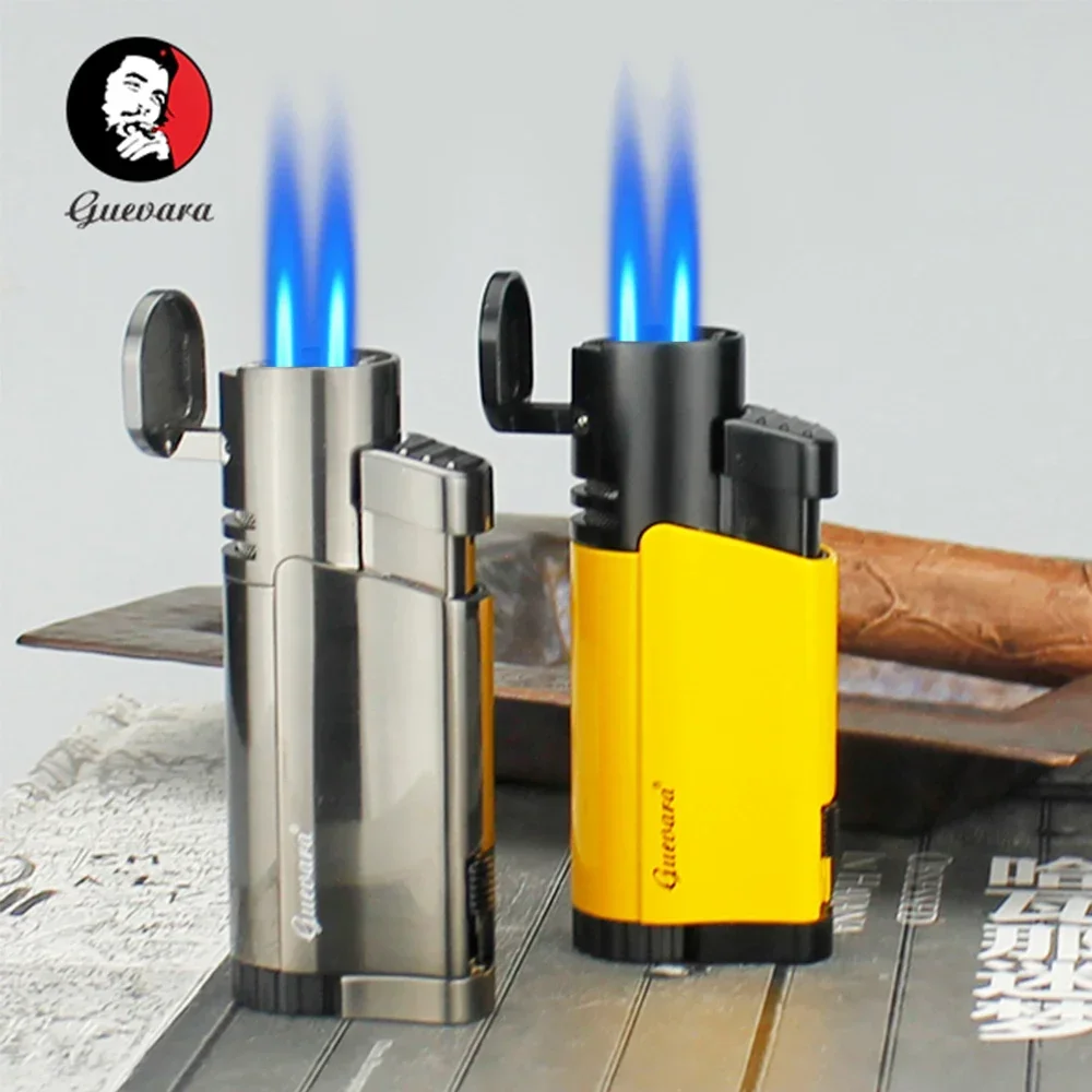 GUEVARA Cigar Lighter Cigarette Tobacco 2 Torch Jet Flame Refillable Lighter with Punch Smoking Tool Accessories Portable Gift