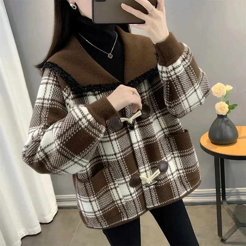 Fall/Winter New Woolen Coat Women Short Small Fragrance Plaid Cardigan Outwear Horn Button Double-Sided Woolen Jacket Female Top