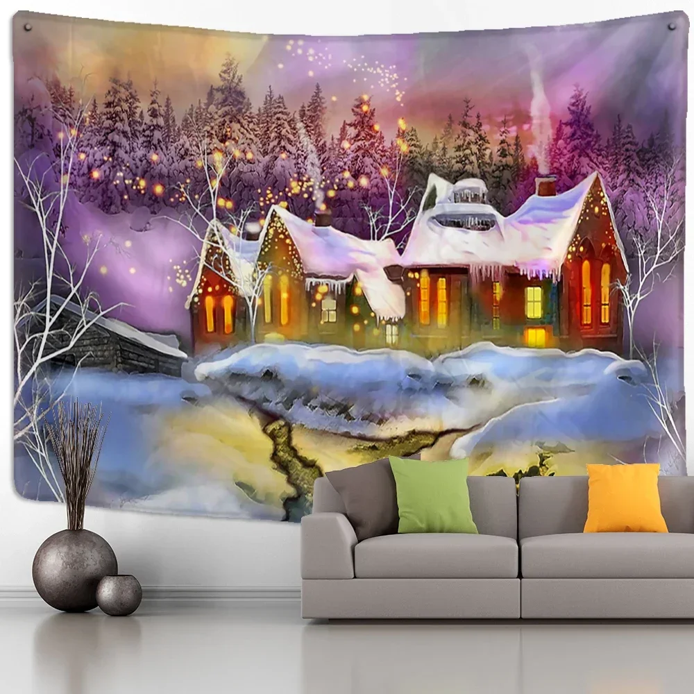 Christmas Night Scene Tapestry Wall Hanging Cartoon Illustration Snow Landscape Tapiz New Year Home Decor