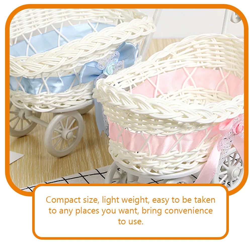 2Pcs Artificial Rattan Stroller Candy Baskets Cute Woven Storage Small Wedding Party Gift Decorative Flower Basket