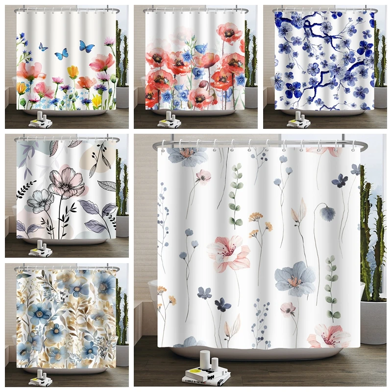 

Floral Plant Watercolor Flower Shower Curtain Blue Pink Flowers Bathroom Curtains Modern Minimalist White Bathtub Bath Curtain