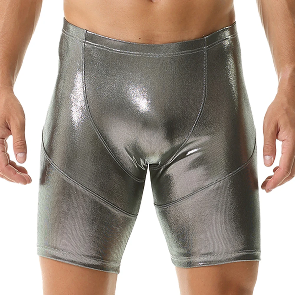 Men's Sexy Metallic Shiny Underwear Boxers Panties Man Comfatable U Convex Pouch Long Leg Underpants Solid Color Boxers Shorts