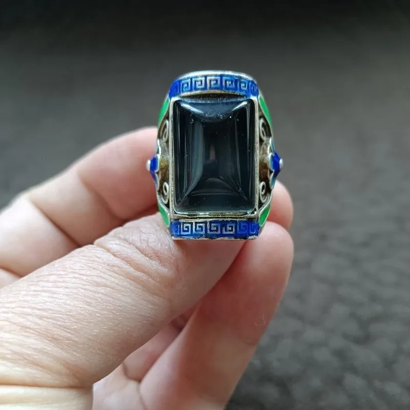 Antique Vintage Patina Old Inlaid Color-Changing Stone , Tibetan Silver Cloisonné Ring