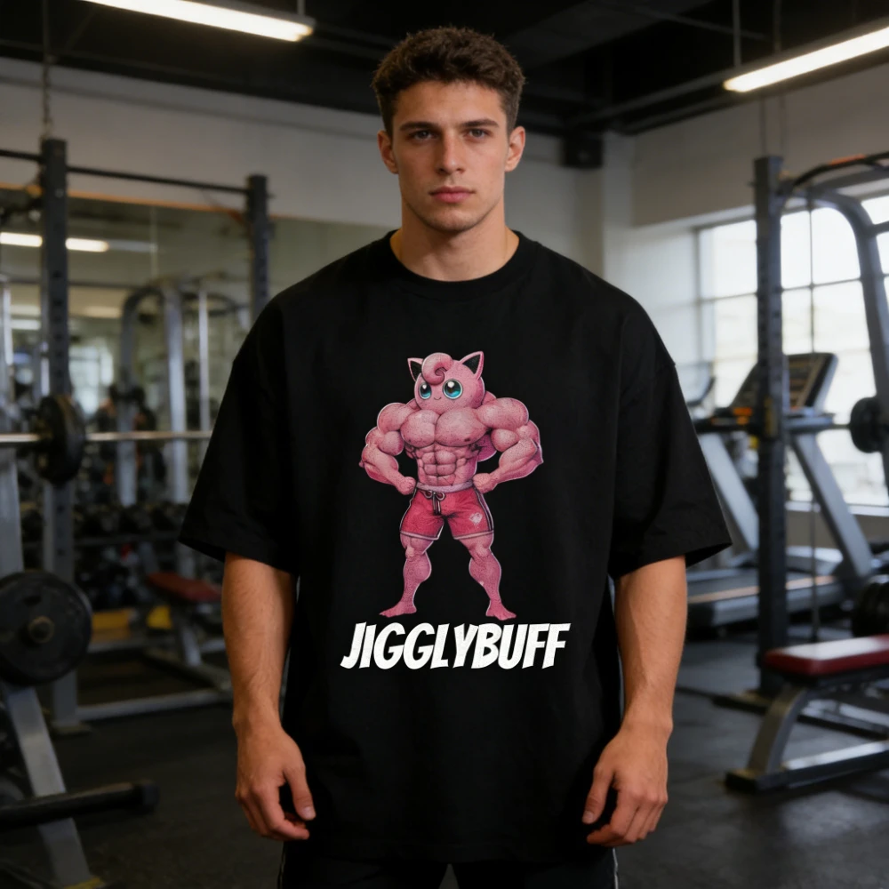 2026 Topseller Herren T-Shirt Lustiges Jigglybuff Muskel-Gym-Print Kurzarm-Shirt Lässiges Baumwoll-Oberteil Anime Cartoon Streetwear Unisex