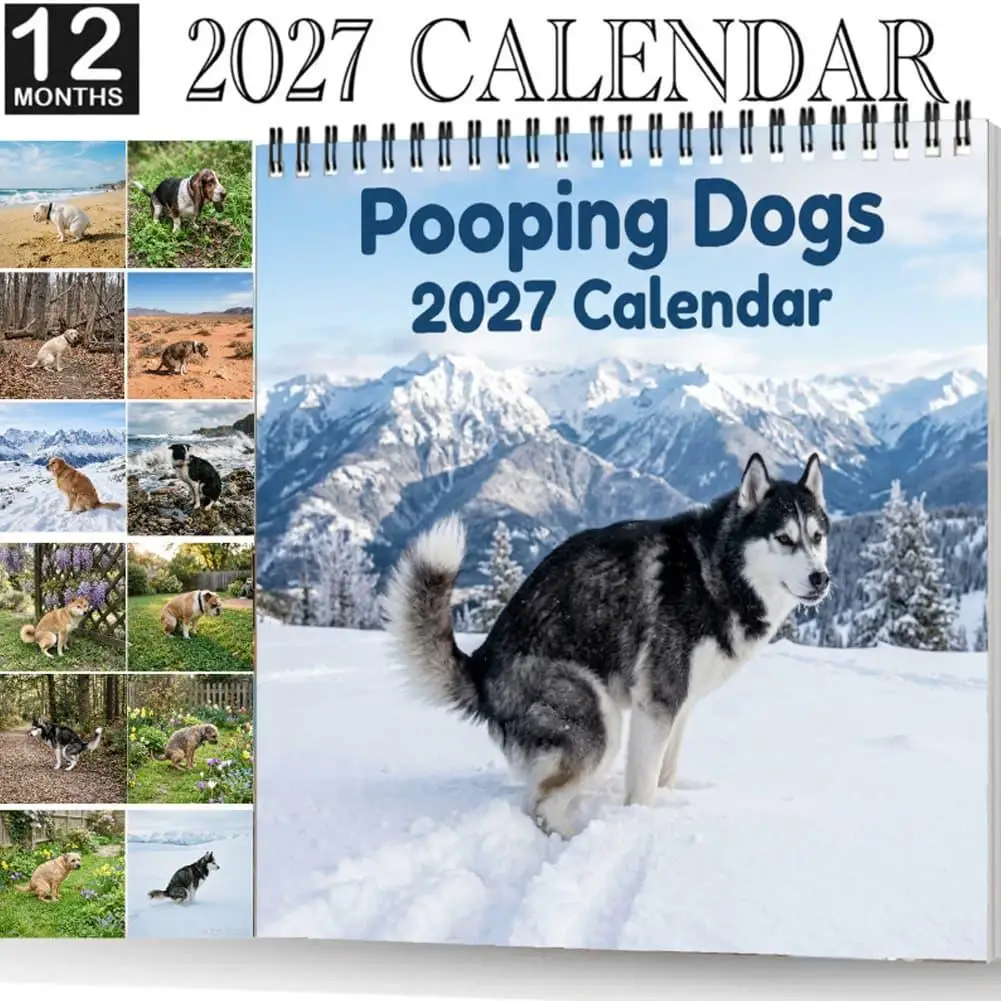 New Year 12 Months Calendar Festival Decoration Creative Funny Puppy Pattern Pooping Dogs 2027 Calendar For Dogs Lovers Gifts