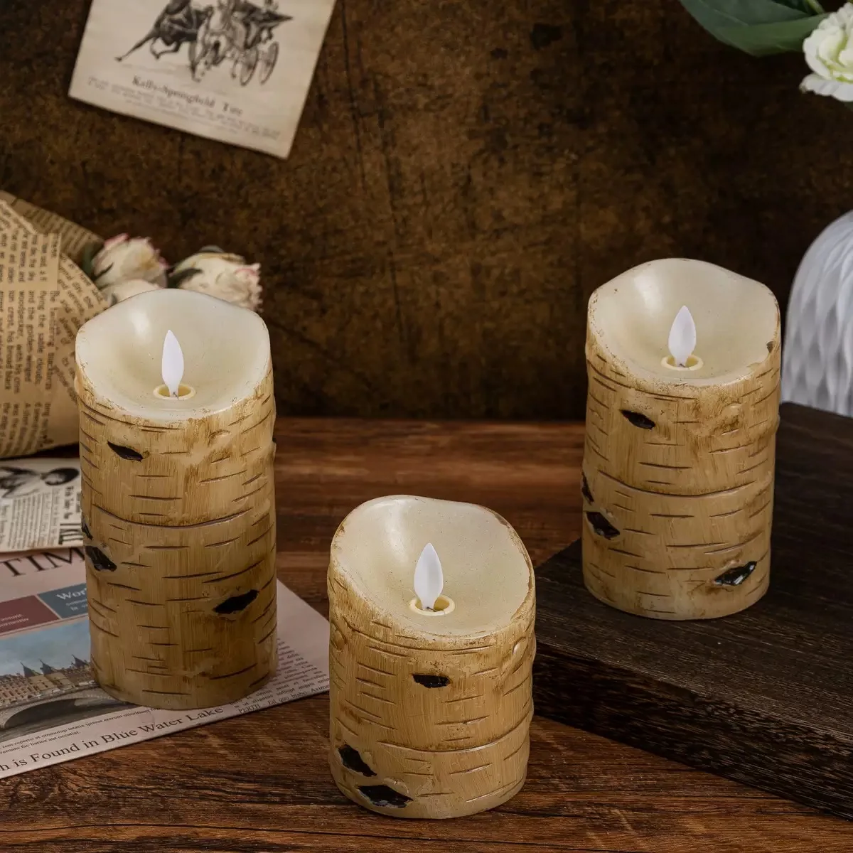 Pack of 3 Remote Controlled Birch Bark Effect Flameless Pilllar Candles paraffin Flickering Electric Rustic LED Wood Candle Home