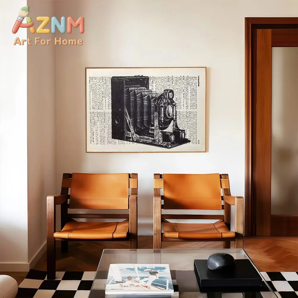 AZNM Vintage Old Camera Newspaper Canvas Wall Art, Retro Camera Sketch Print, Decor for Studio, Photography Room and Office