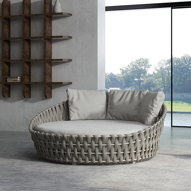 Nordic outdoor courtyard, rattan aluminum lounge chair leisure rattan rope large round bed villa garden outdoor, beach bed