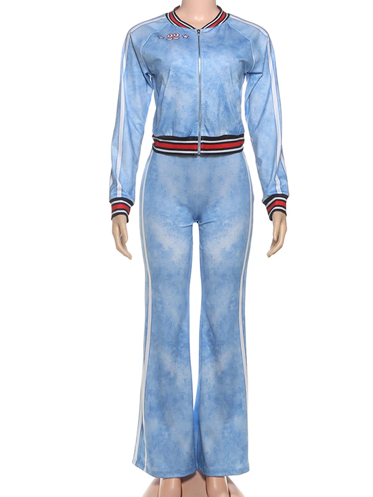 ซิสเตอร์ลินดาชุดลำลอง 2 ชิ้นชุดผู้หญิงพิมพ์ซิปเสื้อสเวตเตอร์ถัก + Tie-Dye กางเกงตรงสไตล์สปอร์ตชุด