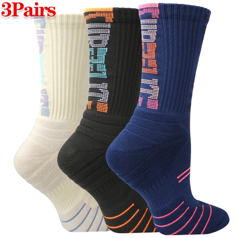 

3Pairs Basketball Mid Calf Socks Women's Terry Cushioned Crew Sock Breathable Mesh Sports Sock Outdoor Activities & Gym Training