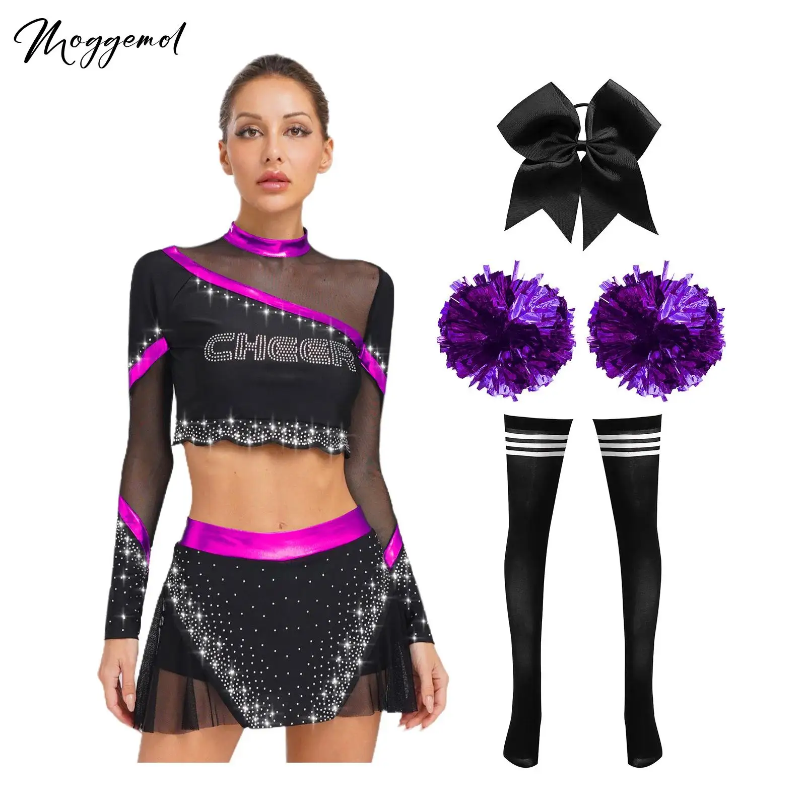 

Womens Cheer Leader Cheerleading Outfit Rhinestone Long Sleeve Crop Tops with Skirt Striped Socks Flower Ball And Bow Hairband