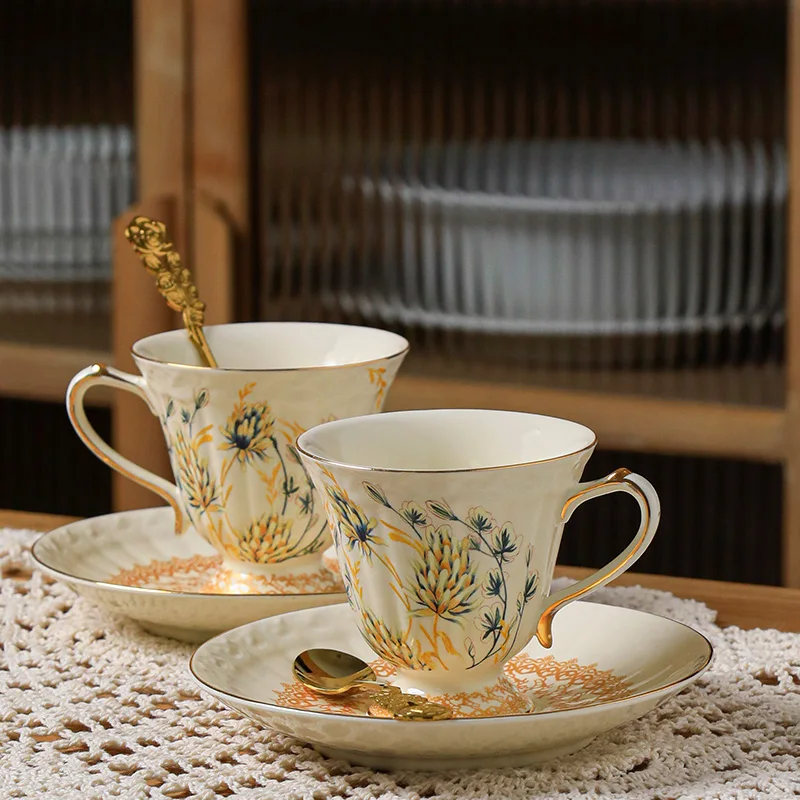 

French style wheat ear retro gold painted ceramic coffee cups and plates, palace style British afternoon tea tableware