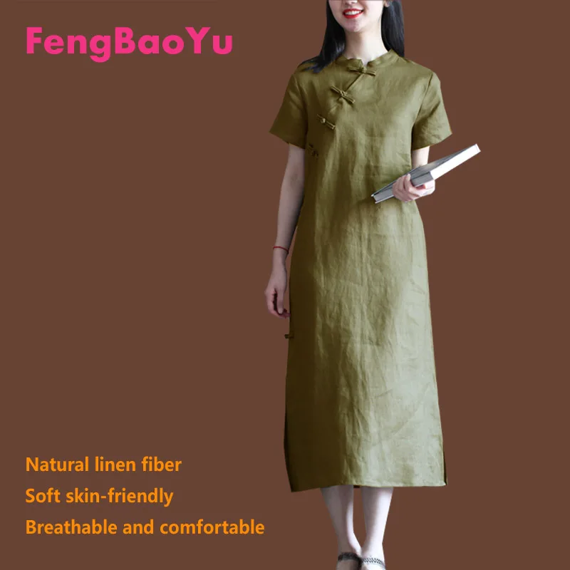 

Fengbaoyu Linen Spring Summer Lady Chinese Style Medium-length Dress Retro Literature and Art Loose Black Cheongsam Dress 4XL