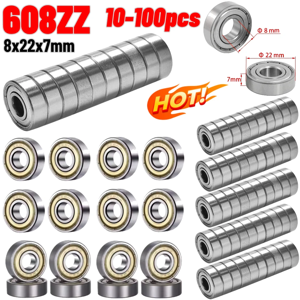 

10-100pcs 608ZZ Ball Bearings Double Shielded Miniature 608 ZZ Deep Groove Ball Bearing Single Row Bearings Skateboard 8x22x7mm