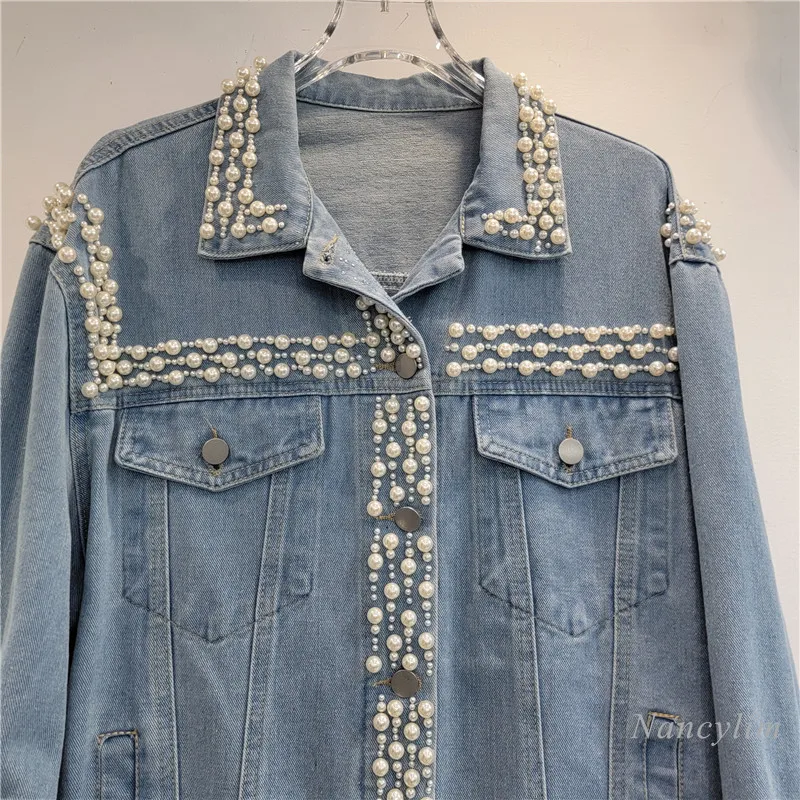 Heavy Industry String Beads Denim Coat Women's European Ins 2024 Autumn New Loose All-Match Long Sleeve Rhinestone Denim Jackets