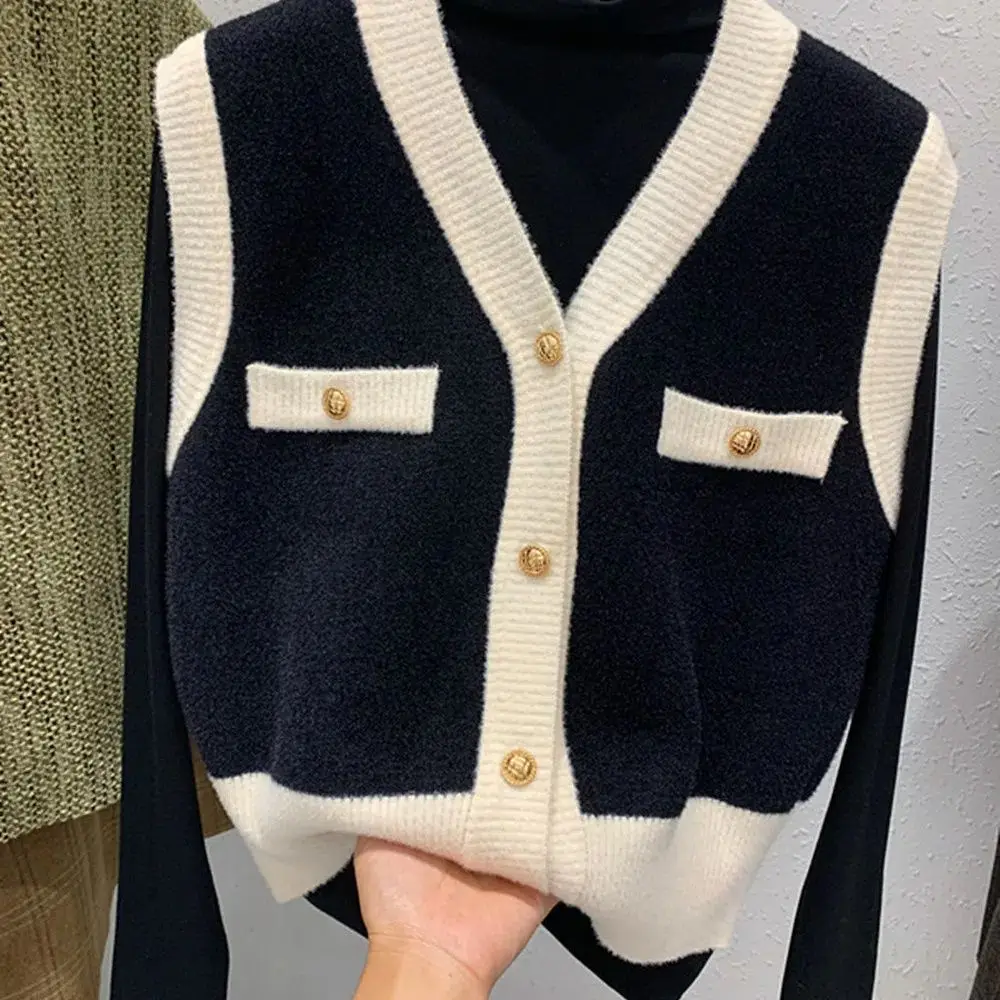 Autumn Winter All-match Patchwork V-neck Sleeveless Sweater Vest Female Simplicity Buttons Loose Knitting Coat New Fashion Tops