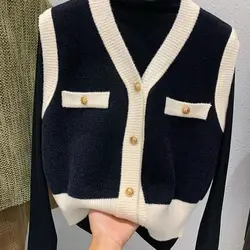 Autumn Winter All-match Patchwork V-neck Sleeveless Sweater Vest Female Simplicity Buttons Loose Knitting Coat New Fashion Tops