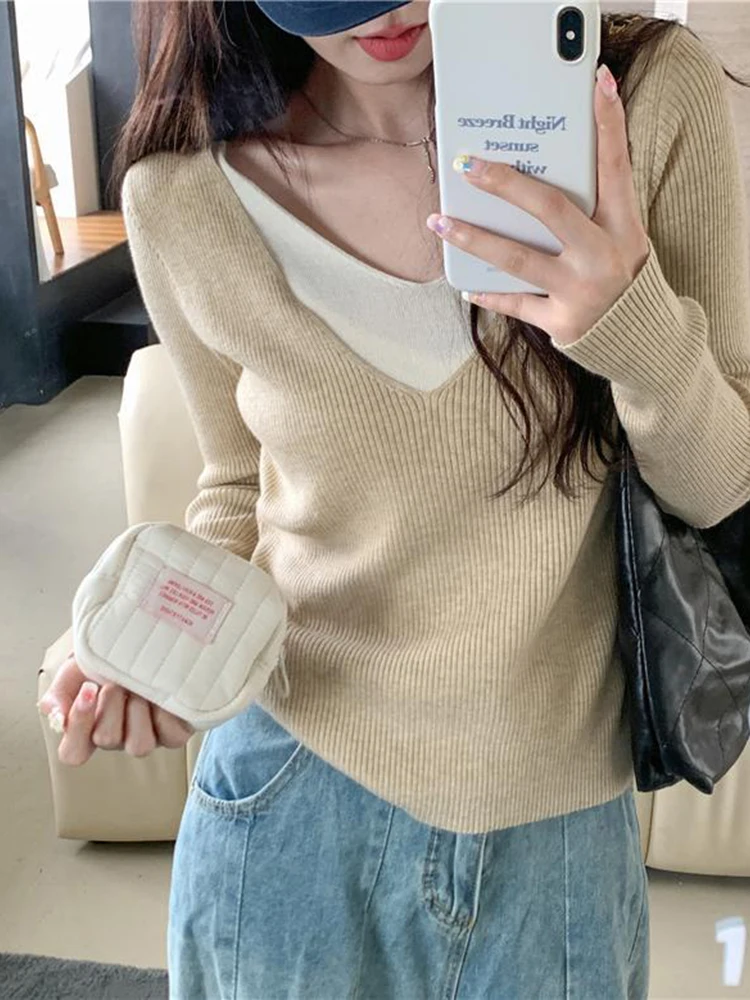 

Autumn Winter Simple Fashion Sweater Ladies Patchwork Casual Two Pieces Elegant V-neck Pullover Knitted Tops