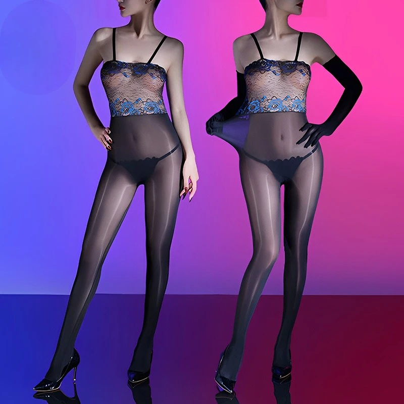 

Women Sexy Tube Top Stockings Oily Glossy Transparent Lace 5d Jumpsuit Ultra-Thin Open Crotch Bodysuit Transparent Underwear