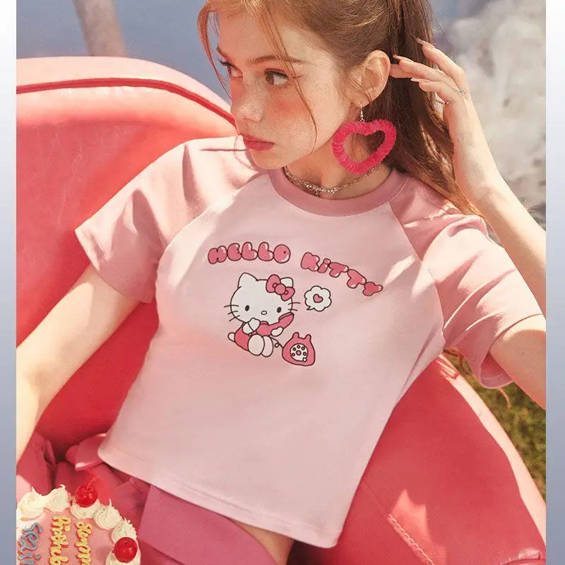 Anime Sanrioed Hello Kitty Cotton Short Sleeve Cartoon Summer Round Neck Crop Tops Sweet Cute Prints T-Shirt Student Girl Trend