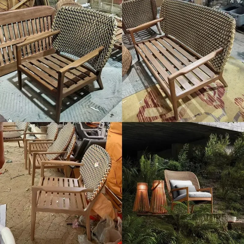 Modern Teak Rattan Outdoor Sofa Set for Villa Hotel Terrace Garden Courtyard Solid Wood Furniture