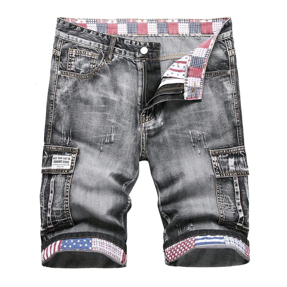 남성용 멀티 포켓 카고 데님 반바지, 미국 국기 별 줄무늬 롤업 밑단 청바지, 플러스 사이즈 큰 무릎 길이 바지, 여름